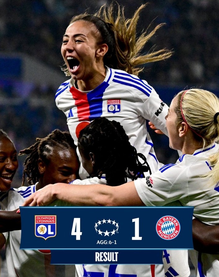 里昂女足4-1大勝拜仁女足，總比分6-1晉級女足歐冠半決賽